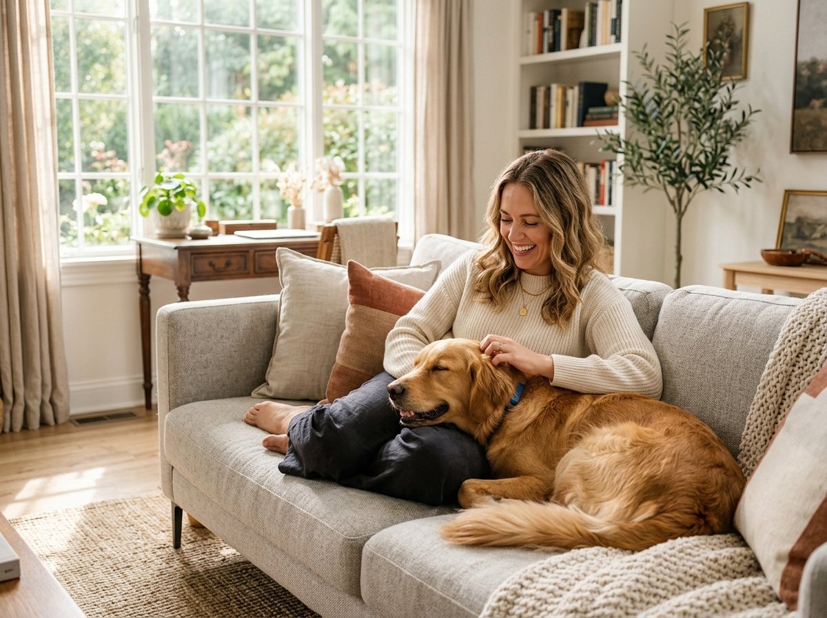 Real-life photo of person relaxing peacefully in sunlit home with companion dog